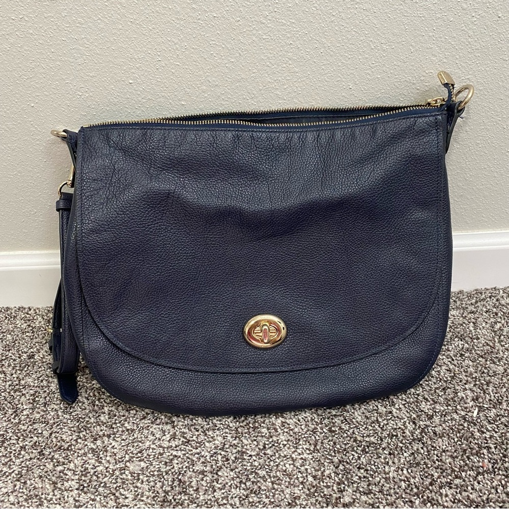 Coach Turnlock Hobo Shoulder Bag Polished Pebble Leather Dark Navy Blue